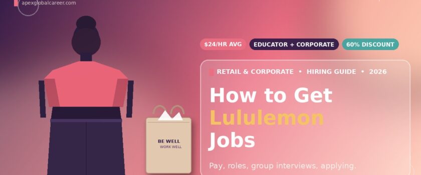 How to get Lululemon jobs in 2026 guide showing Educator role pay, corporate careers and group interview tips by Apex Global Career.