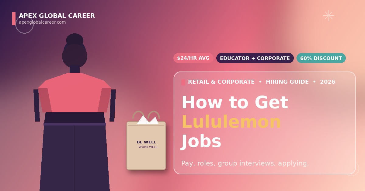 How to get Lululemon jobs in 2026 guide showing Educator role pay, corporate careers and group interview tips by Apex Global Career.