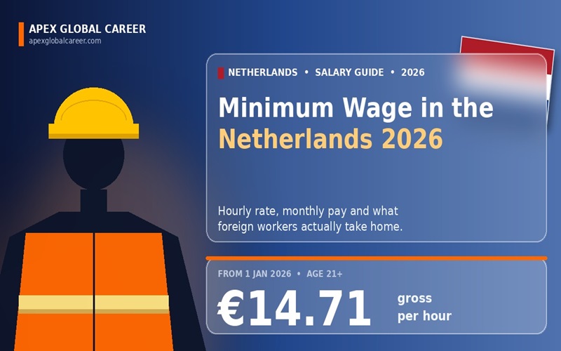 Minimum wage in the Netherlands is €14.71 gross per hour from Jan 2026. See monthly pay, age rates and what foreign workers earn.