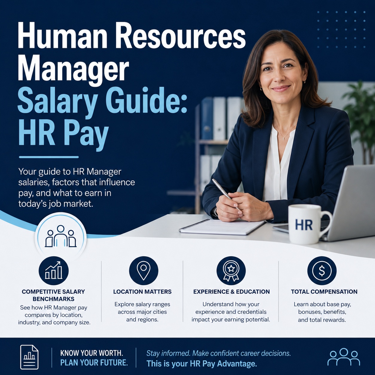 Human Resources Manager salary guide 2026, rising salary bar chart with dollar, pound and euro coins, HR pay across 6 countries by Apex Global Career.