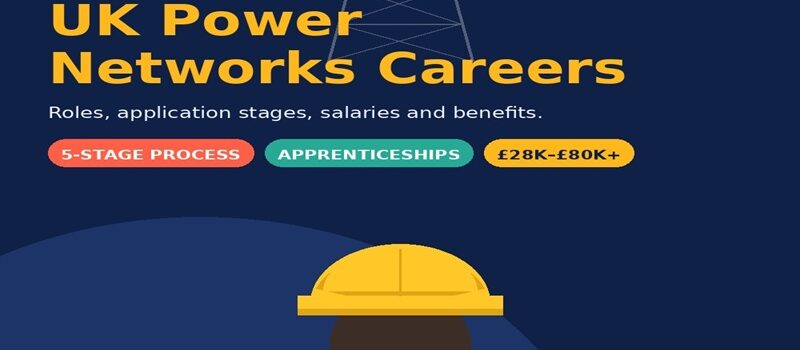 How to apply for a job in UK Power Networks careers, flat illustration of an electrical worker with hard hat and pylon, UKPN jobs and salary guide by Apex Global Career.