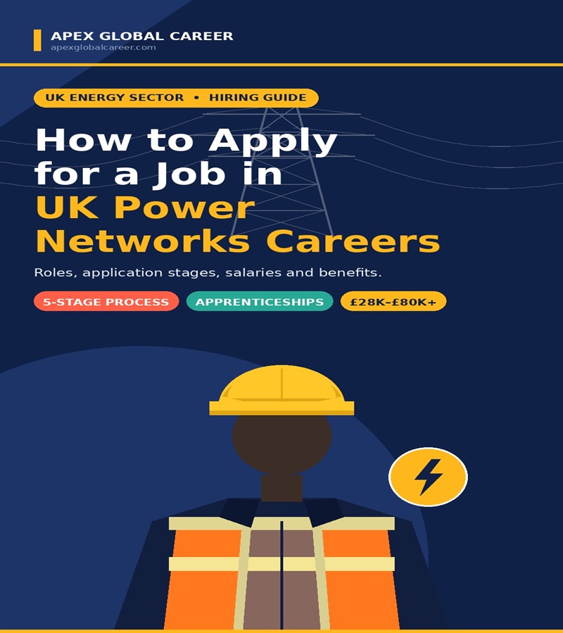 How to apply for a job in UK Power Networks careers, flat illustration of an electrical worker with hard hat and pylon, UKPN jobs and salary guide by Apex Global Career.